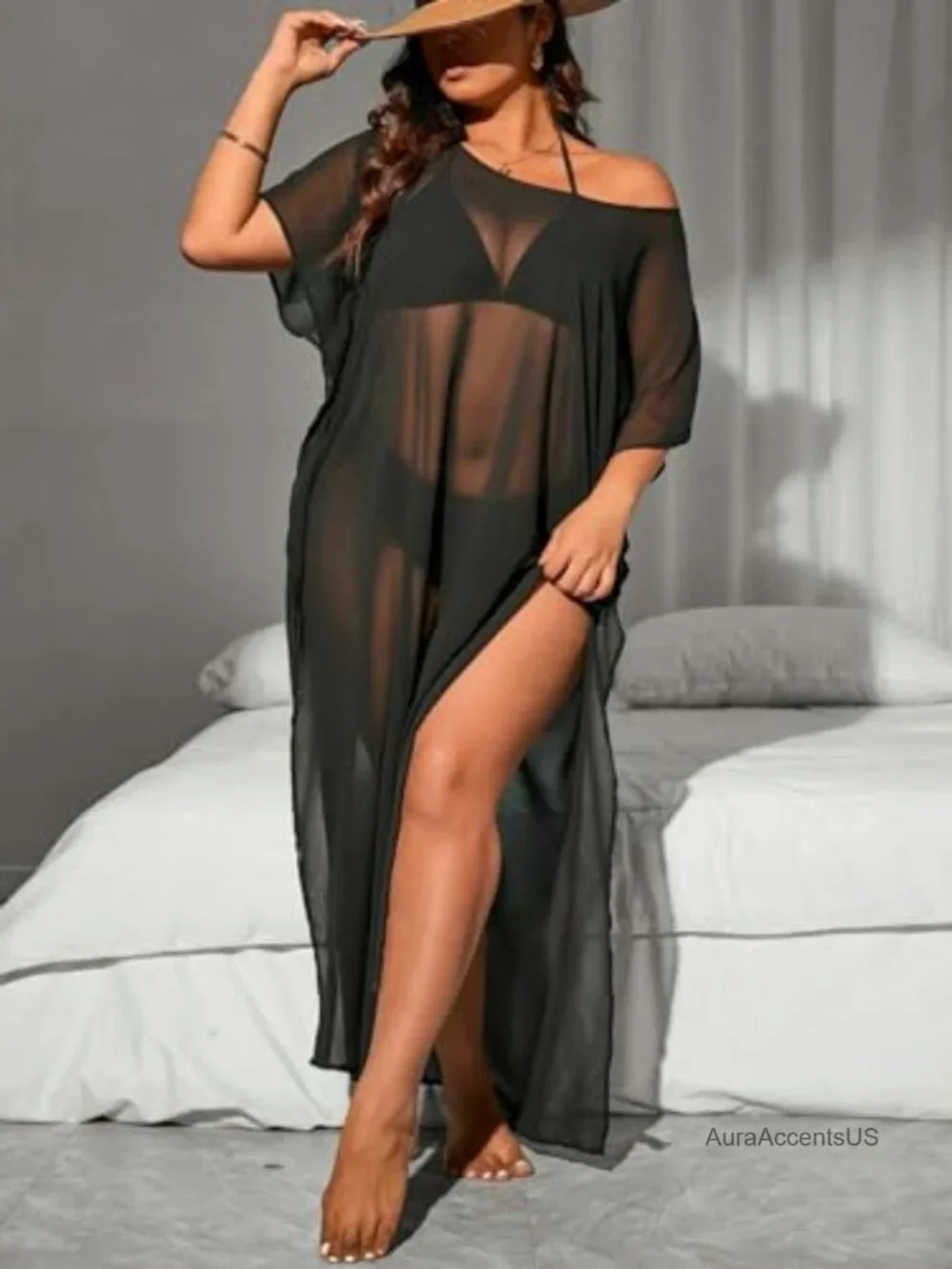 Plus Size One Shoulder Sheer Mesh Split Thigh Loose Coverup Dress Beach Swimwear